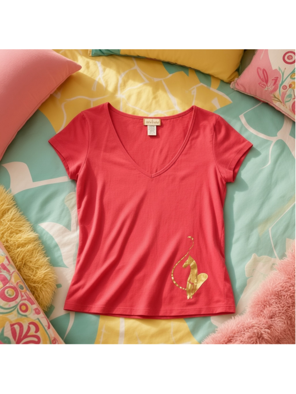 VTG Y2K Baby Phat 1X Plus Coral Gold Metallic Foil Cat Deep V-Neck Tee Shirt USA